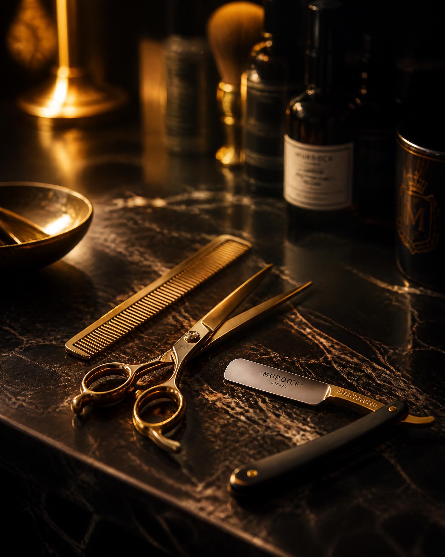 Gouden professionele schaar, kam en scheermes op donker marmer — Yensi Style salon